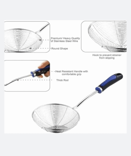 Metal Frying Oil Drainer Net Scoop Strainer with Plastic Handle – Kitchen Tool
